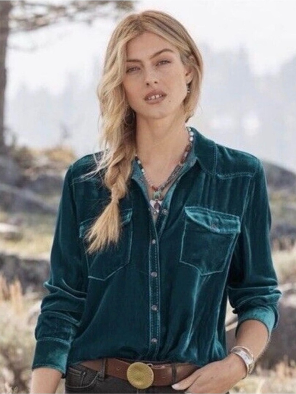 Sundance Anja teal velvet shirt, size L